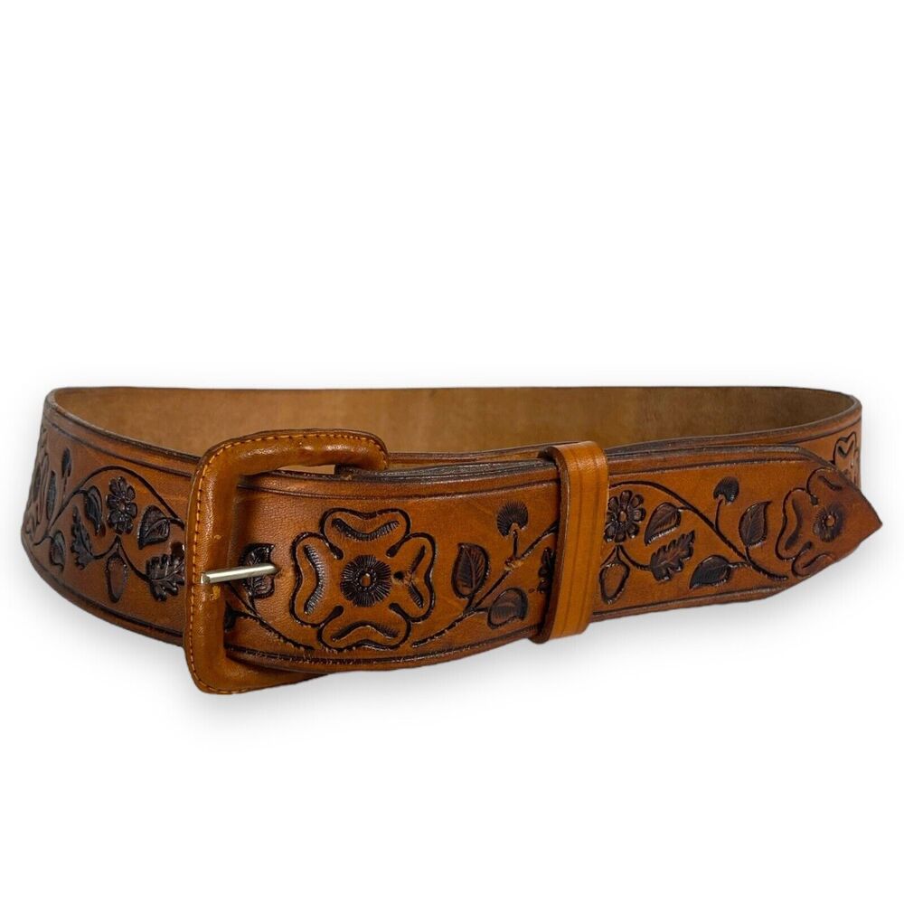 Mexican Tooled Brown Leather Belt Floral Design Size 34 Mexico Apple C14Q
